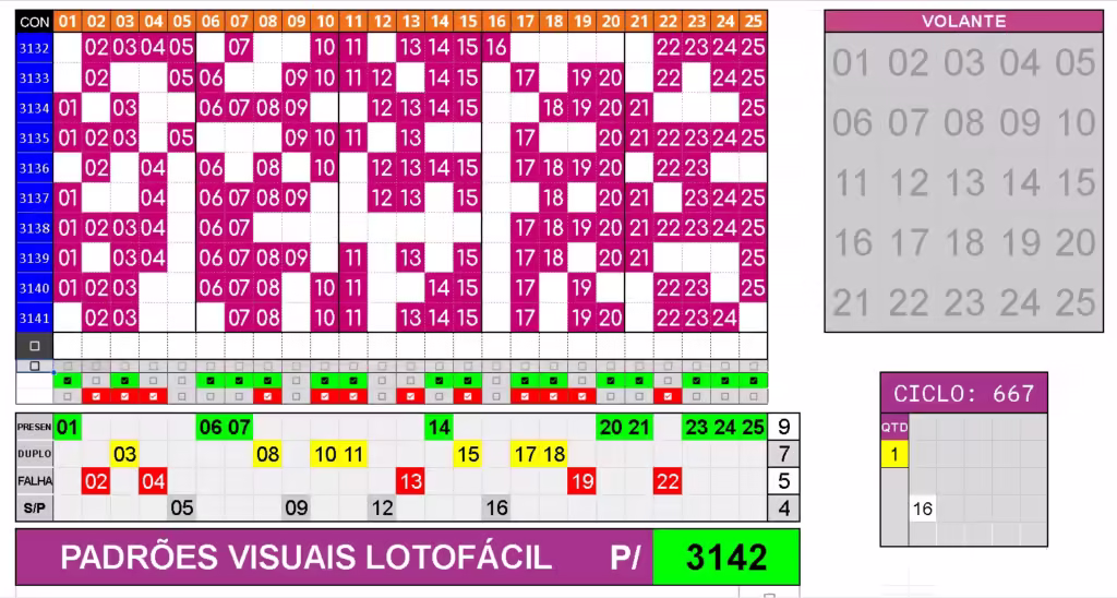 Padrões visuais e dicas da lotofácil 3142